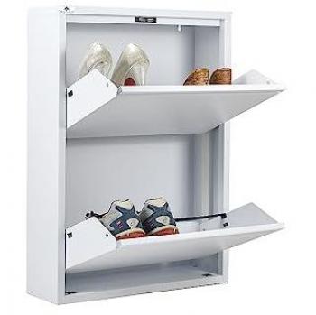 Zapatero Slim Ahorrador de Espacio Blanco, 2 Puertas, Capacidad para 4/6 Pares de Zapatos, Sin Montaje, Metal Garantizado 15 Años