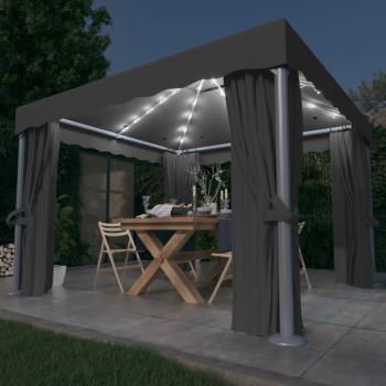 Gazebo con cortinas y luces LED de cuerda 3x3 m Antracita