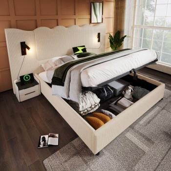 Cama doble con canapé 160x200 cm, cabecero ensanchado, luz de lectura, USB y Type-C, pana beige, sin colchón