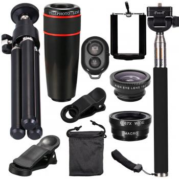 XCSOURCE® 10en1 Mini lente Kit 8 x teleobjetivo + objetivo fish-eye + objetivo gran angular + objetivo Macro + selfie Vara Manfrotto + Bluetooth mando a distancia + Mini trípode para iPhone 4S 5 5 C 5S 6 Plus Samsung Galaxy S3 S4 S5 S6 Edge Not