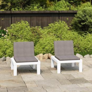 White Plastic Garden Lounge Chairs with Cushions - Set of 2