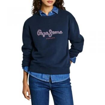 Sudadera de mujer Pepe Jeans Frida azul marino, cuello redondo, logo estampado, casual, algodón sostenible, talla M