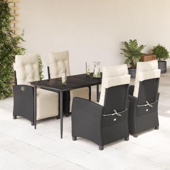 5-Piece Black Poly Rattan Garden Dining Set with Cushions