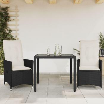 3-Piece Black Poly Rattan Bistro Set with Cushions