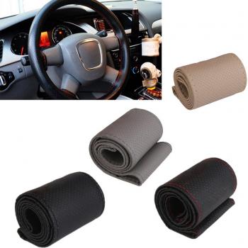 Cubierta Funda de Volante Coche Bricolaje de Hilo PU Cuero Negro Rojo