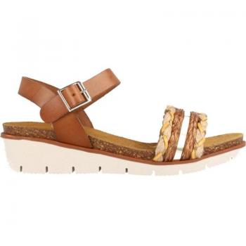 Sandalia para mujer MARILA con cuña media combinada en rafia y piel color avellana