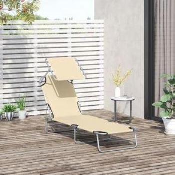 Tumbona Benidorm Outsunny Plegable con Parasol Beige 36x187x58 cm