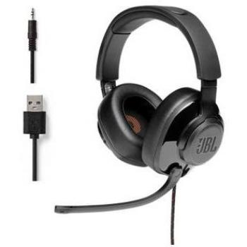 JBL Quantum 300 - Auriculares para gaming con cable, micrófono abatible, sonido surround, compatibles con PC y múltiples plataformas, diseño diadema en color negro