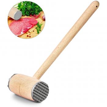 Ablandador de Carne, EECOO Martillo de Carne Madera Maciza de Haya Doble Lados de Aleación deAluminio Manija 27cm para Filete Cerdo y Ternera