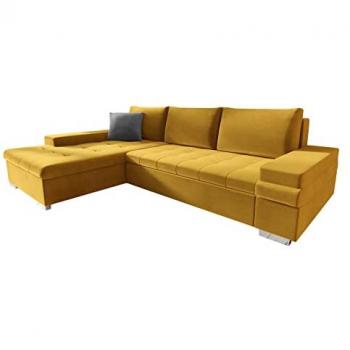Sofá rinconero Comfivo 121, amarillo, con función de descanso y caja de ropa de cama, 274x182x83cm