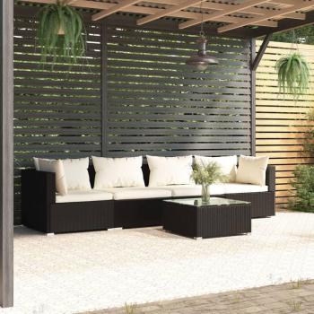 5-Piece Black Poly Rattan Garden Sofa Set with Cushions