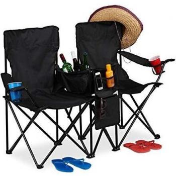 Silla de camping doble Relaxdays, plegable, con nevera y soporte para bebidas, acero-poliéster, negro, 89 x 146 x 46 cm