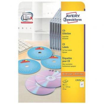 Paquete de 25 hojas de etiquetas full-face no touch blancas para impresoras láser de 117 mm diámetro Avery L7676-25