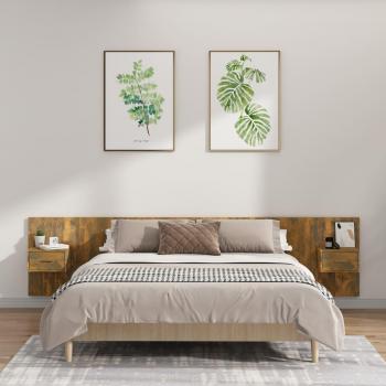 vidaXL - Cabecero de cama y mesitas madera contrachapada roble ahumado