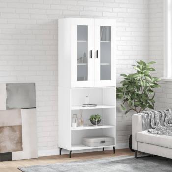 Aparador alto de madera contrachapada blanco brillo con 3 estantes y cajón, ideal para salón moderno