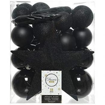 Caja de 33 Accesorios para Árbol Negro, incluye 33 unidades de decoraciones navideñas en color negro, dimensiones del paquete: 12 x 20 x 5 cm