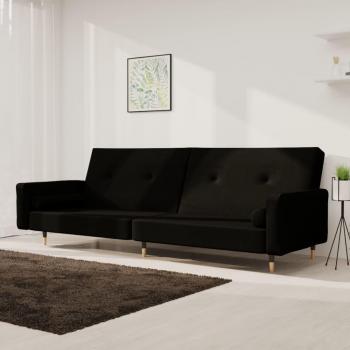 2-Seater Black Velvet Sofa Bed with Two Cushions