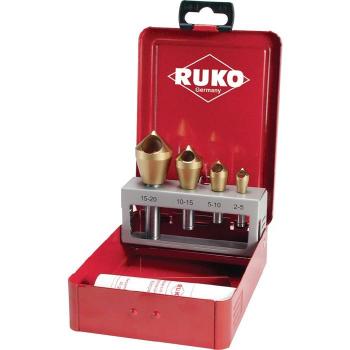 Juego de 4 avellanadores-desbarbadores HSS-TIN + pasta de corte 30 g Ruko