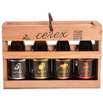 CEREX - Pack Degustación de 4 Cervezas Artesanas Españolas con caja regalo de presentación en madera – Cervezas de Cereza, Castaña, Ibérica de Bellota y Pilsen