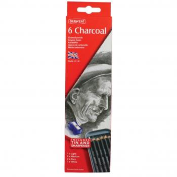 Lápices Derwent de Carboncillo para Dibujar y Escribir, Set de 6 con Sacapuntas, Claro, Medio, Oscuro & Carboncillo Blanco Tintado, Ideal para Mezclar y Difuminar, Calidad Profesional, 0700838
