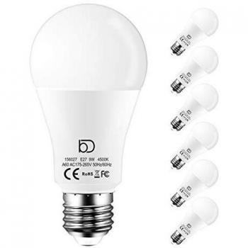 Bombillas Led E27 Luz Neutra 4500K, 9W equivalente a 90W, 900 Lúmenes, No Regulable - 6 unidades