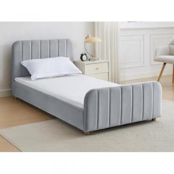 Cama 90 x 190 cm de Terciopelo con Costuras Verticales en Gris + Colchón - ROGADI