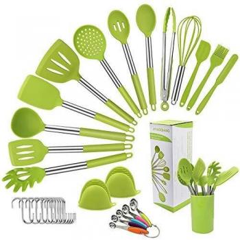 Juego de utensilios de cocina de silicona, 33 + 1 piezas Utensilios de cocina de silicona con pinzas, espátula, cucharas, turner, utensilios de cocina Utensilios de barbacoa con mango de silicona