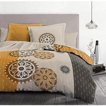 Home Linge Passion, Yucatan - Juego de Funda nórdica de 3 Piezas, 100% algodón, 57 Hilos, 2 Personas, 220 x 240 cm, Color Gris y Naranja