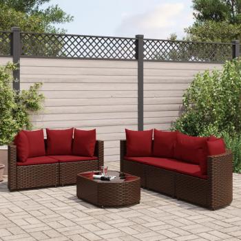 6-Piece Brown Poly Rattan Garden Sofa Set with Cushions