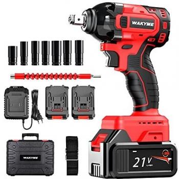 WAKYME Llave de Impacto de 21 V, Llave de Trinquete Inalámbrica de 330 Nm, Batería de Iones de Litio de 2 * 4000 mAh, Conector Rápido Hexagonal de 1/2 Pulgada, con Sistema de Parada Automática