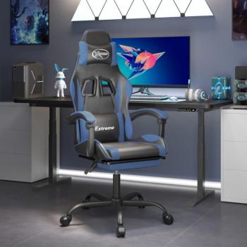 Silla gaming giratoria y reposapiés cuero sintético negro azul
