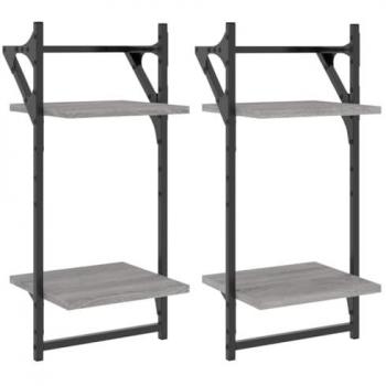 Estantes de pared con subastas 2 piezas Sonoma Gris 30x25x65 cm, Estantes pared 2 niveles barras 2 uds gris Sonoma 30x25x65 cm, Estantes pared 2 niveles barras 2 uds