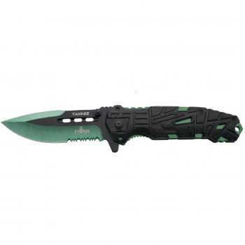 THIRD Navaja asistida Yankee K2796GNS, Mango de Aluminio Negro, Hoja de Acero INOX de 10.5 cm Negra, Liners en Verde. Incluye Funda Nylon y Clip, Herramienta para Uso Deportivo, Pesca y Caza