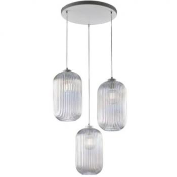 Suspensión 3 Luces Krizia Hierro Blanco y Cristal Transparente Efecto Plisado