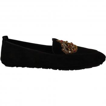 Dolce & Gabbana Black Leather Crystal Gold Crown Loafers Shoes - EU39/US6