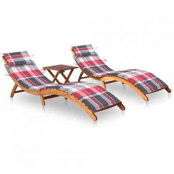 Acacia Wood Sun Loungers Set with Table and Cushions - 2 Pieces