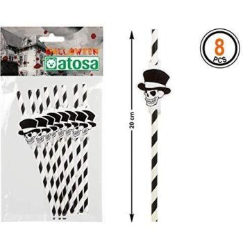 ATOSA set 8 unidades pajitas calavera halloween blanco y negro