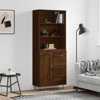 Aparador alto de madera contrachapada marrón roble 69,5x34x180 cm con 1 puerta de madera y 3 cajones, mueble de almacenaje para salón, buffet y armario auxiliar