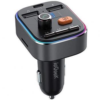 Transmisor FM Bluetooth 5.0 ieGeek, RGB 8 Colores Luz de Anillo, Aumento de Graves, Manos Libres PD3.0 Tipo C Carga Rápida & 5V 2.4A Carga, Hi-Fi Calidad de Sonido, Soporte Tarjeta SD, U Disk