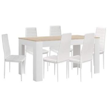 Mesa Extensible de Comedor o Cocina Blanca + 6 Sillas de Polipiel y Metal