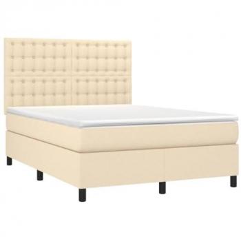 Cama box spring colchón y luces LED tela crema 140x190 cm