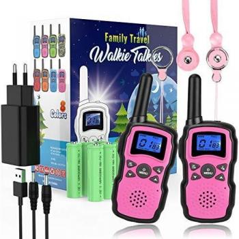 WisHouse Rosado Walkie Talkie Niños Recargable,Portátil Walkie-Talkie Largo Alcance con Cordones Bateria 2X3000mAh Cargador USB,Juguetes de Camping con Linterna,Navidad Cumpleaños Regalos para Chicas