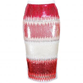 Elisabetta Franchi Sequined Pencil Skirt with Slit - White Polyester Midi Skirt - Size IT38|XS - Multicolor