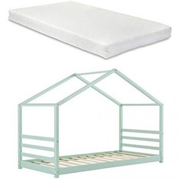 Cama infantil Vardø con colchón hipoalergénico de espuma fría - Diseño en forma de casa - Pino verde menta 200 x 90 cm