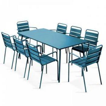 Conjunto de mesa de jardín y 8 sillas de metal azul pacífico