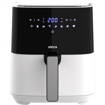 Freidora digital Jocca de aire caliente 5 litros, blanca, pantalla táctil con 8 programas, temperatura ajustable 80-200ºC, temporizador 60 minutos, apagado automático, 1450W de potencia, libre