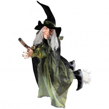 Decoración Colgante de Halloween - Bruja Voladora en Escoba 100cm Negra y Verde
