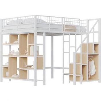 Cama Individual REDOM 140x200 cm con Escalera de Almacenamiento, Armario Empotrado y Amplio Espacio de Trabajo, Sin Colchón