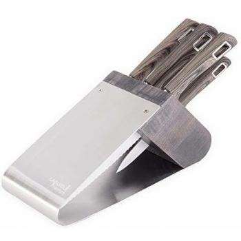 Laguiole - Bloque de 5 cuchillos de cocina PRYMS blanco, mango de madera gris decorado