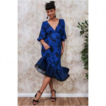 Goddiva Floral Print Puff Sleeve Midi Dress - Royal Blue, Size 10 UK